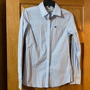 XS Ariat long sleeve button shirt, baby blue with white stripes, only worn once.